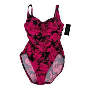 Aqua Green Swimsuit Womens S Black Hot Pink Floral One Piece Ruched Resort Beach